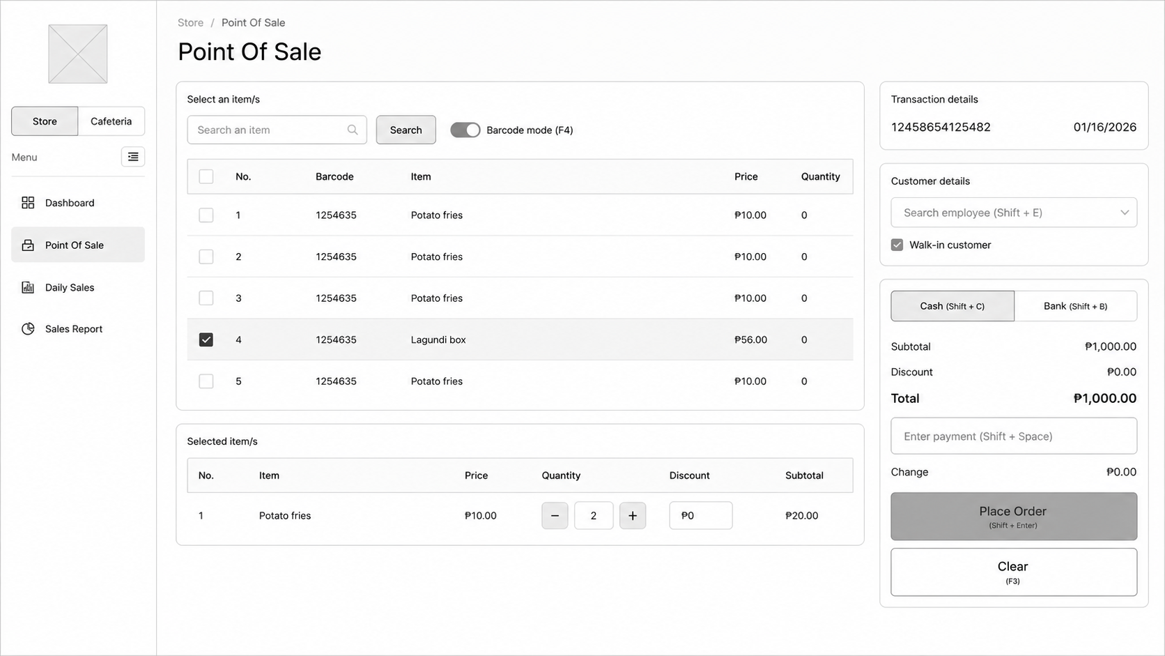 Almar POS point-of-sale interface with product selection and transaction details