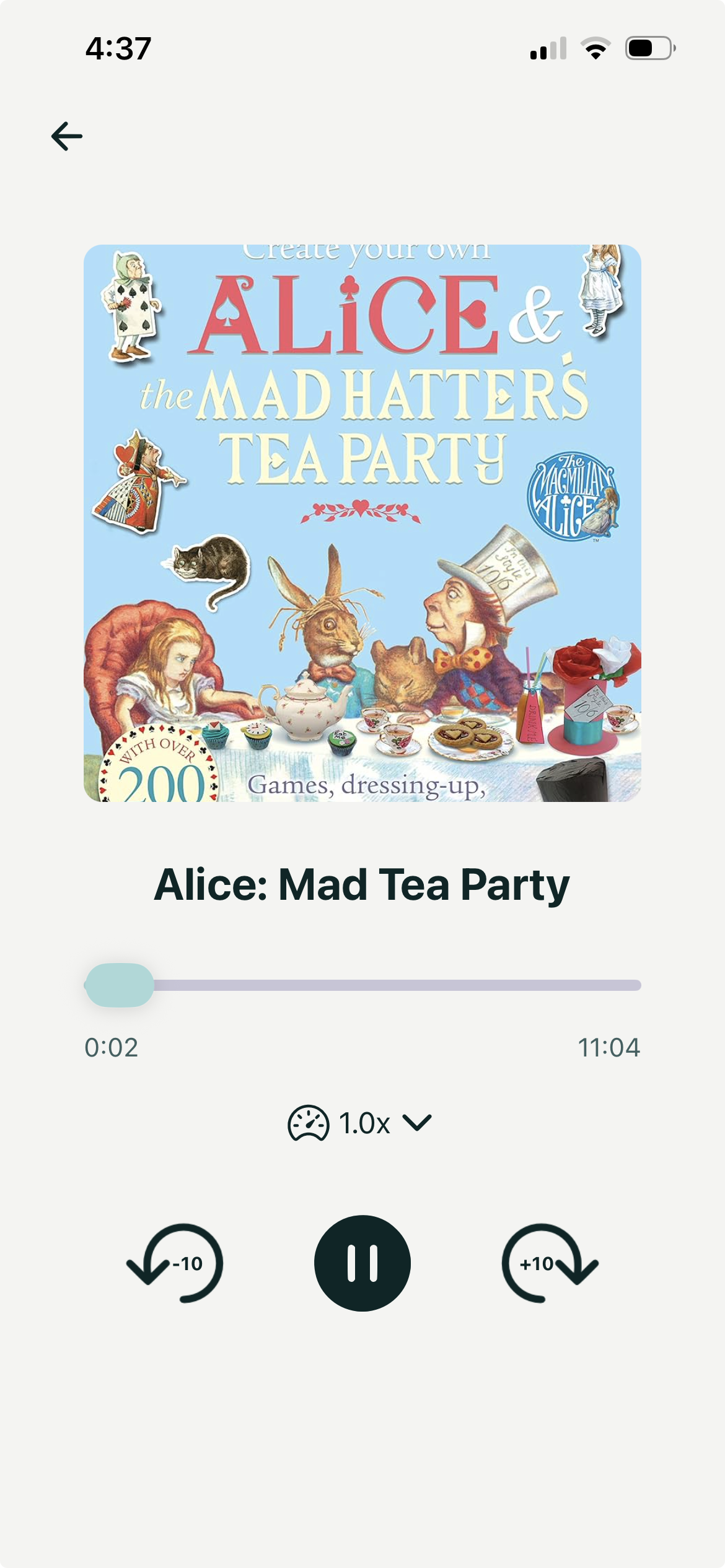 Creator CoreForge mobile audio player showing generated long-form content and playback controls